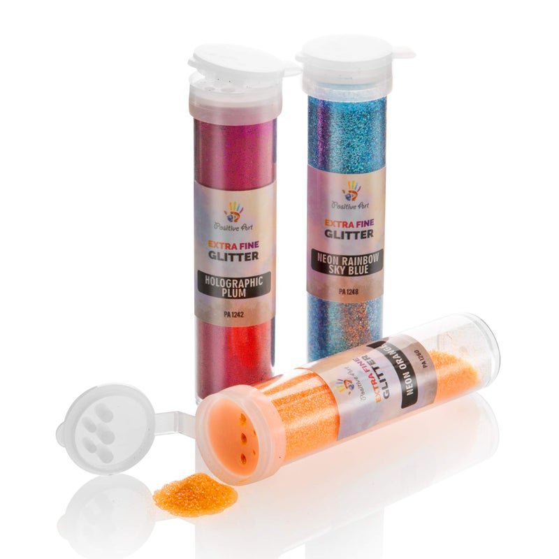 Positive Art Extra Fine Glitter Set of 60 Vibrant Colors | Color Powder in Leak-Proof Shaker Jars (0.32oz/9g) | Arts & Crafts Glitter Kit Glows Under UV Light | Use for Projects  Slime  Nails  Body  Face & More - Image 5